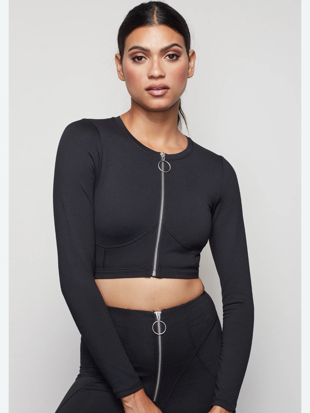 Good American Black Cropped Zip-Front Top